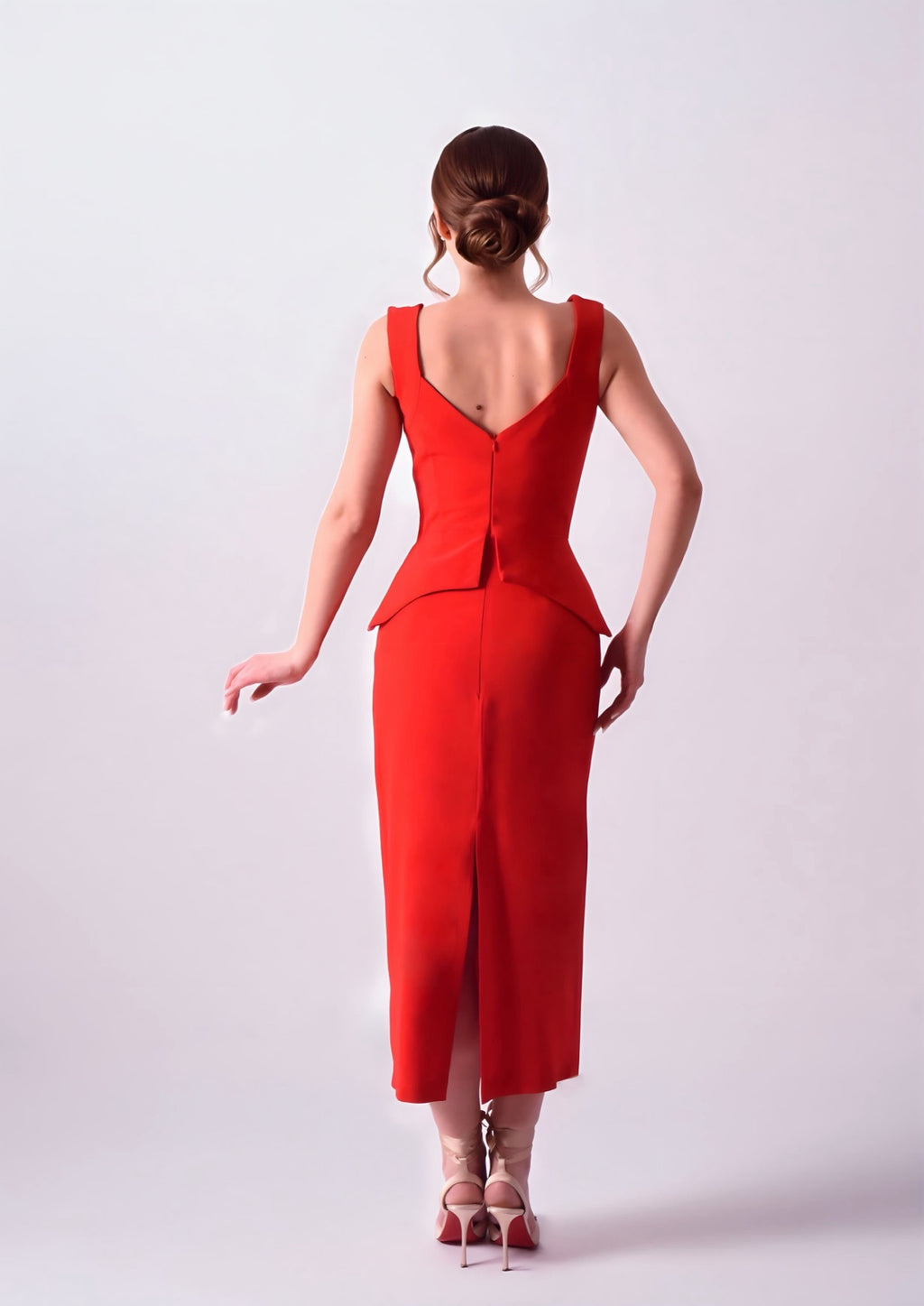 Rochie midi din crepe cu peplum și decolteu în V, Roșie