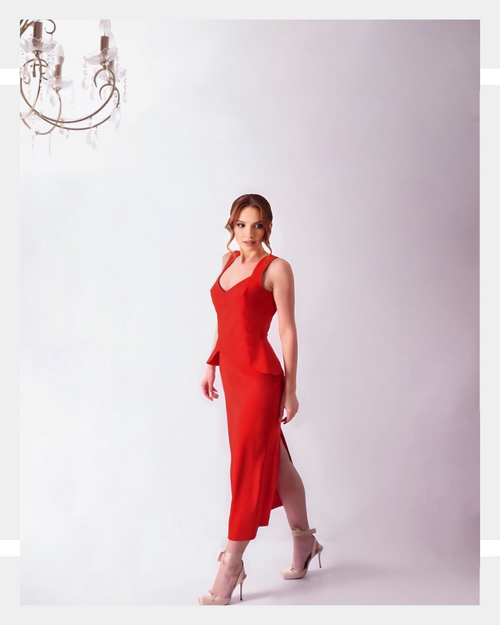 Rochie midi din crepe cu peplum și decolteu în V, Roșie